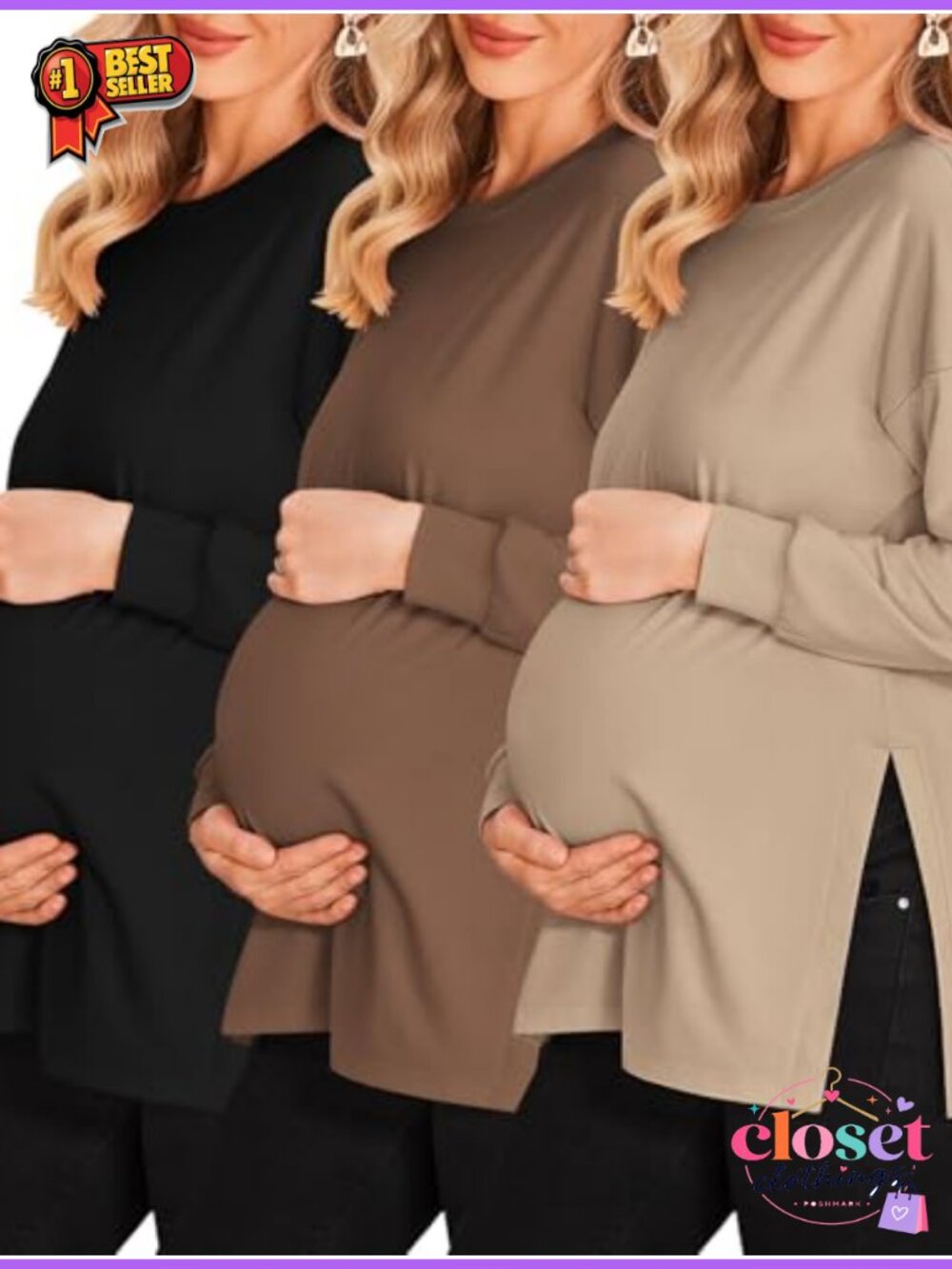 Maternity Shirts 3 Pack Split Side Pregnancy Workout Tops Side Ruched